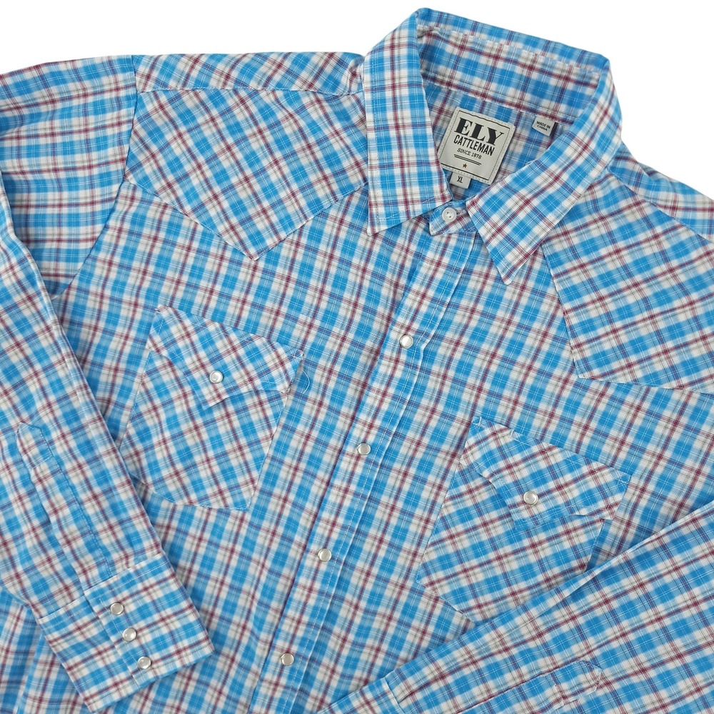 Ely Cattleman Shirt Mens XL Blue Plaid Long Sleeve Snap Western Cowboy Casual